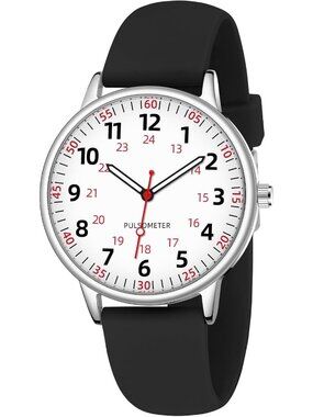Women's Black Analog Silicone Rubber Band Second Hand Nursing Waterproof Watch